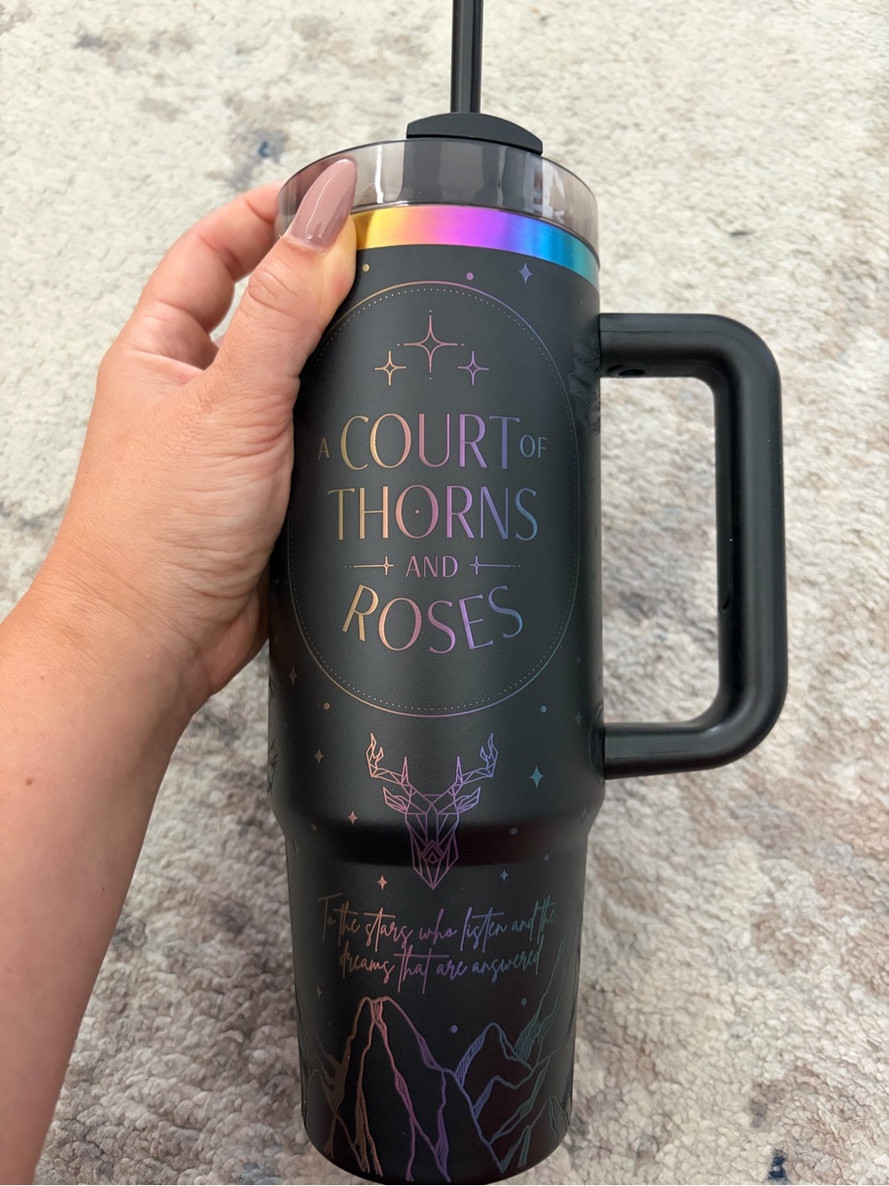 A Court of Thorns and Roses Matte Black Travel Tumbler with Iridescent Accents